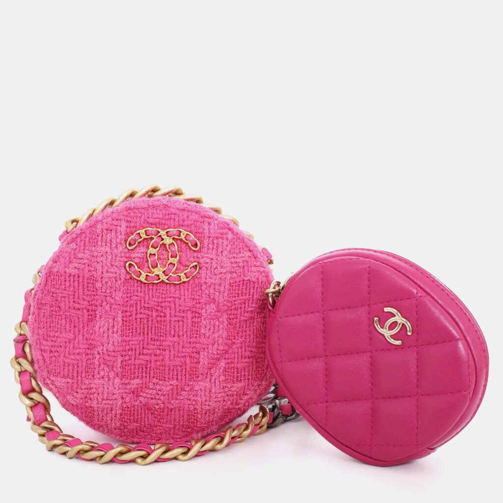 Chanel 2019-20 Fuchsia Pink Tweed 19 Round Clutch with Coin Purse
