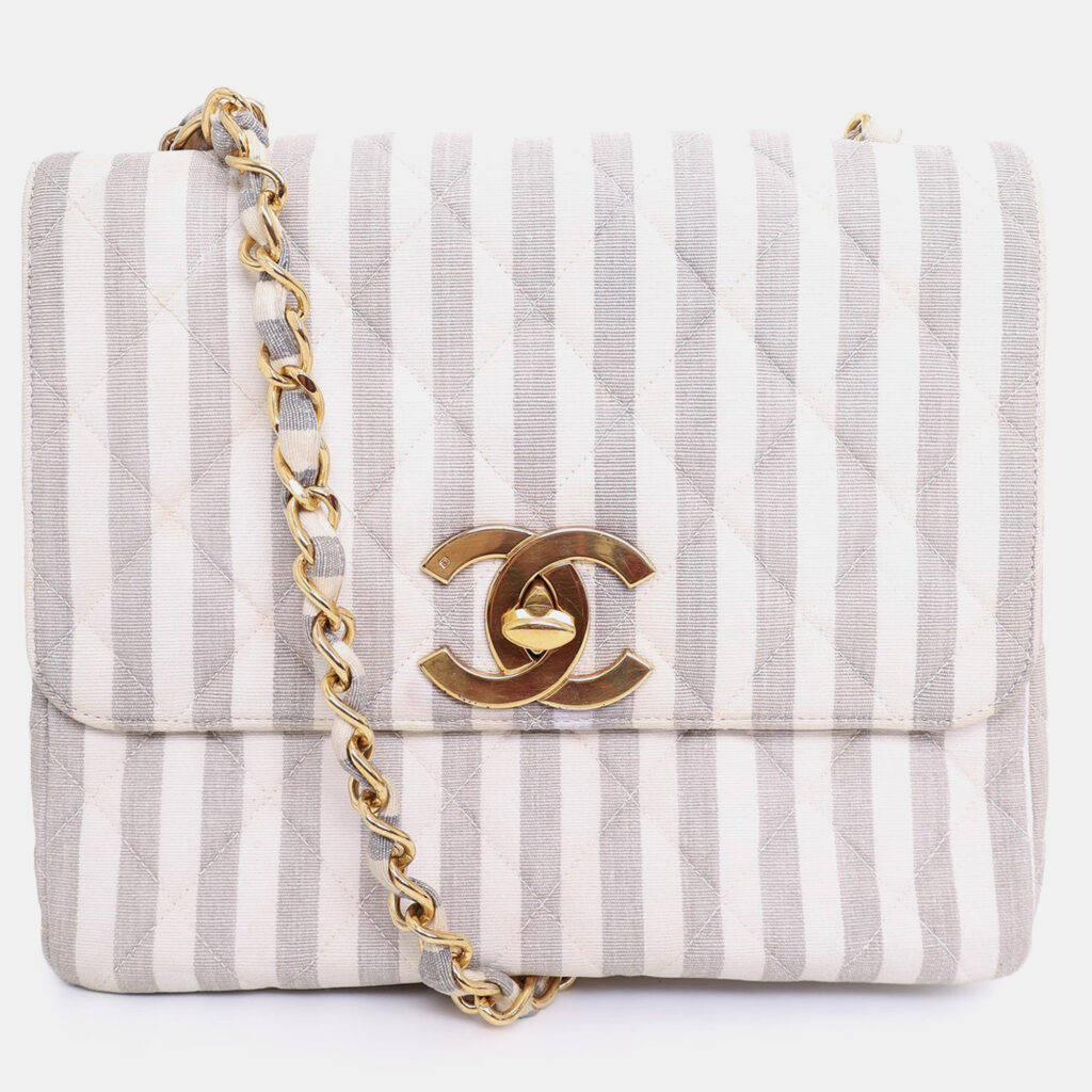 Chanel 1994-96 Grey/White Striped Chain Shoulder Bag Chanel 1994-96 Grey/White Striped Chain Shoulder Bag