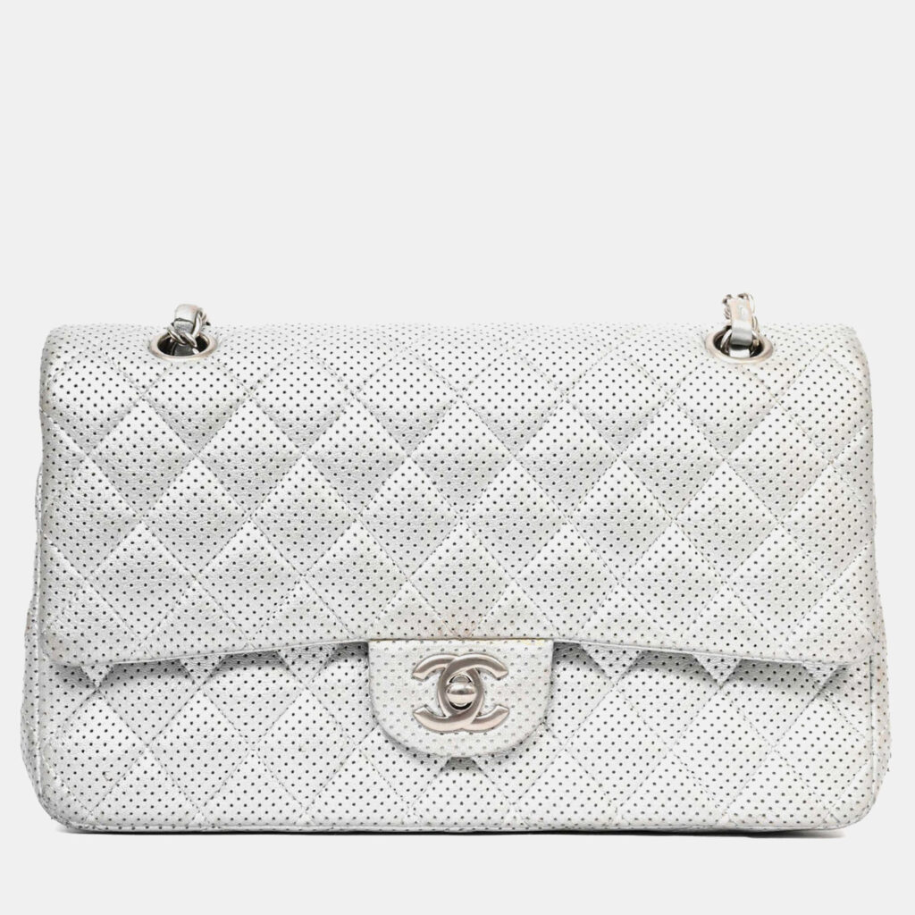 Chanel 2014 Silver Perforated Leather Medium Double Flap Shoulder Bag