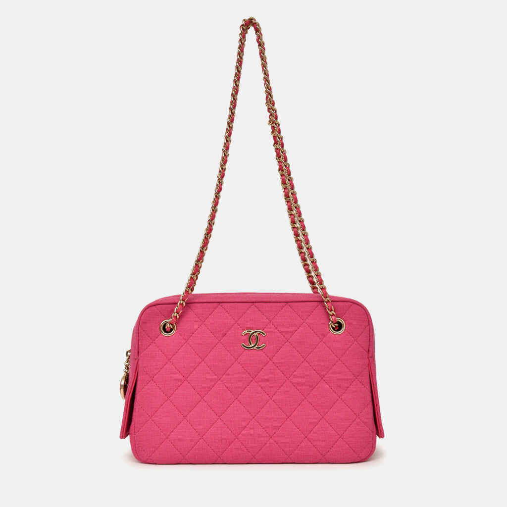 Chanel 2019-20 Fuchsia Quilted Jersey Zip Double Chain Bag Chanel 2019-20 Fuchsia Quilted Jersey Zip Double Chain Bag