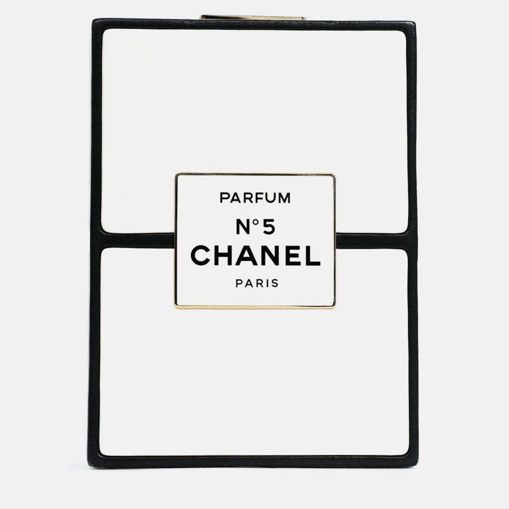 Chanel Black/White Leather No. 5 Perfume Clutch Evening Clutch