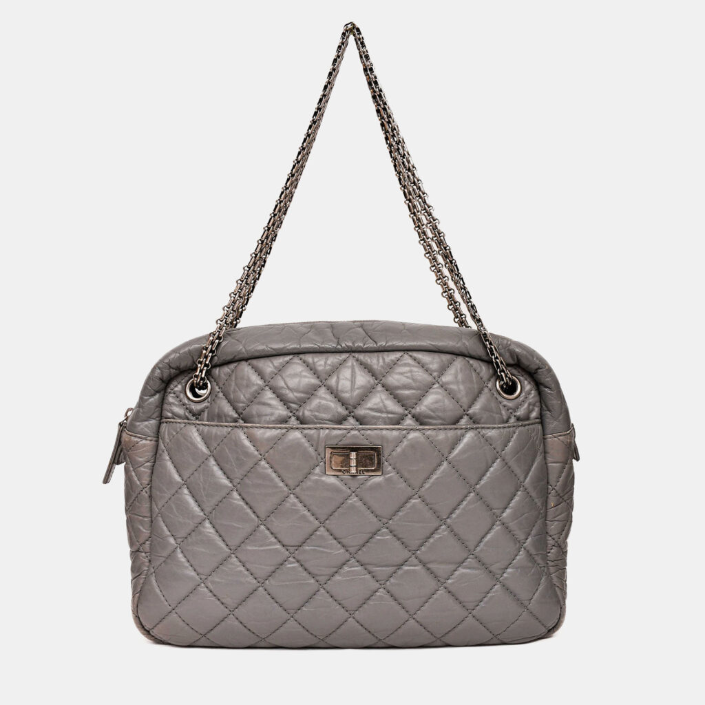 luxury-women-chanel-used-handbags-p1247775-001.jpg Chanel 2008-2009 Grey Crackled Leather Quilted Reissue Camera Bag