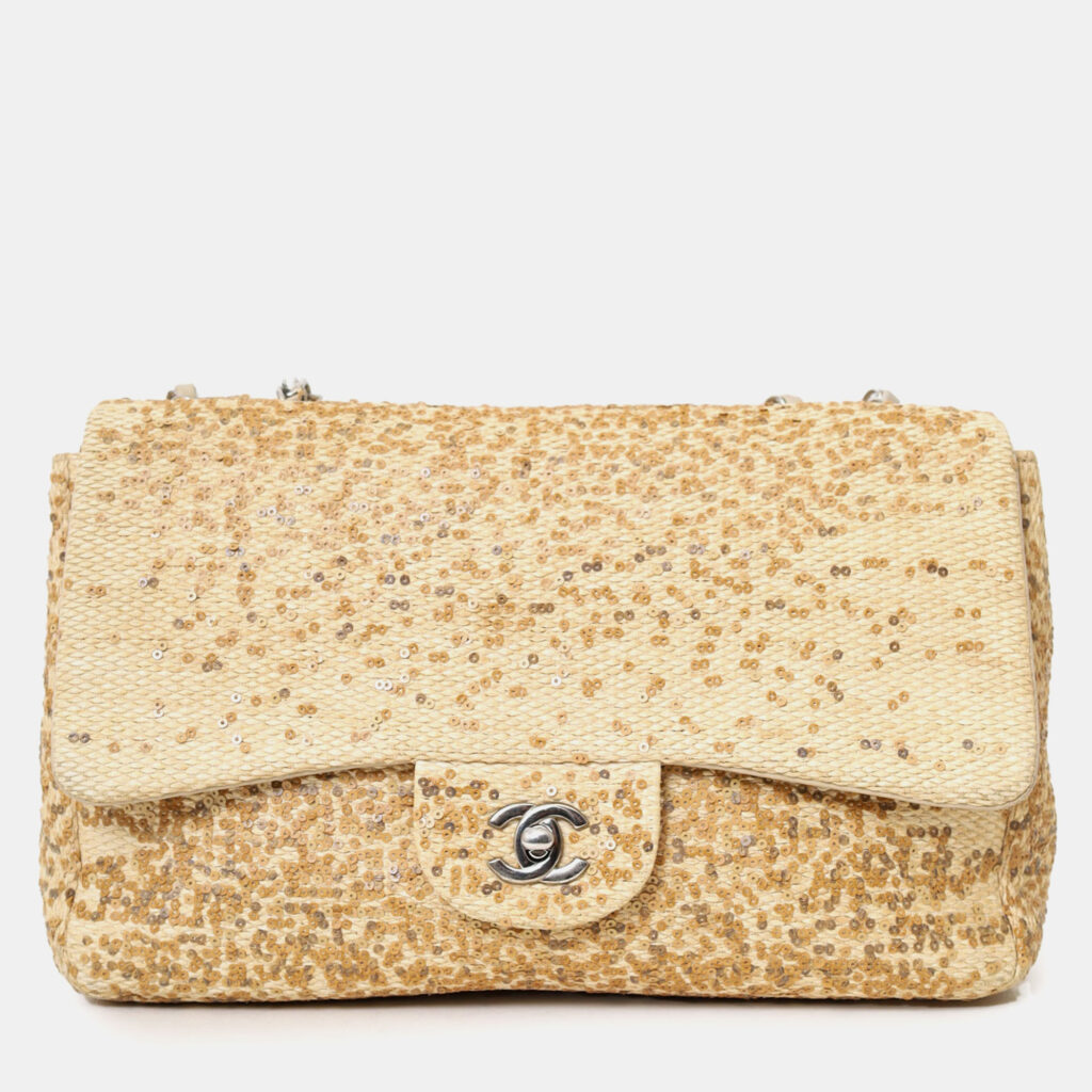 Chanel 2013-14 Beige Raffia Sequin Small Single Flap Bag Chanel 2013-14 Beige Raffia Sequin Small Single Flap Bag