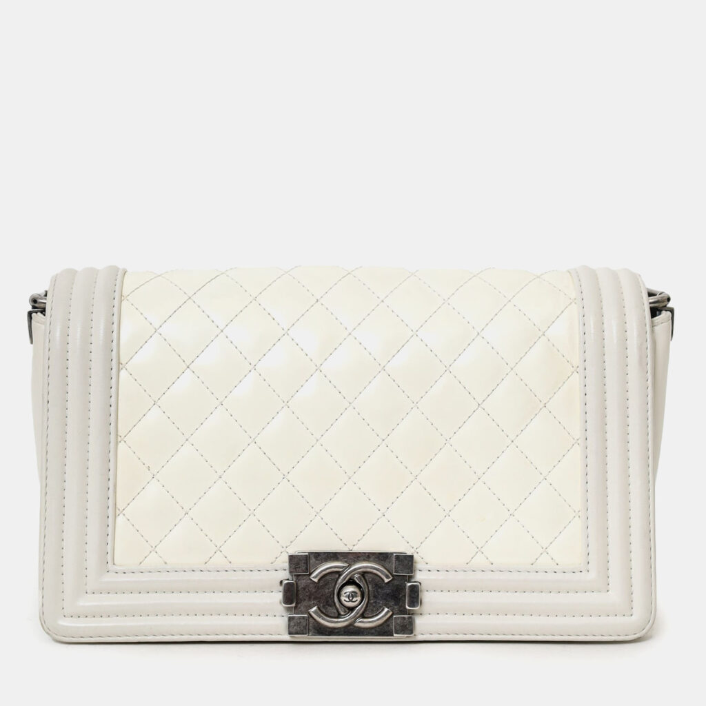 Chanel 2012 Limited Edition White Leather Medium Boy Bag with Metal Strap Chanel 2012 Limited Edition White Leather Medium Boy Bag with Metal Strap