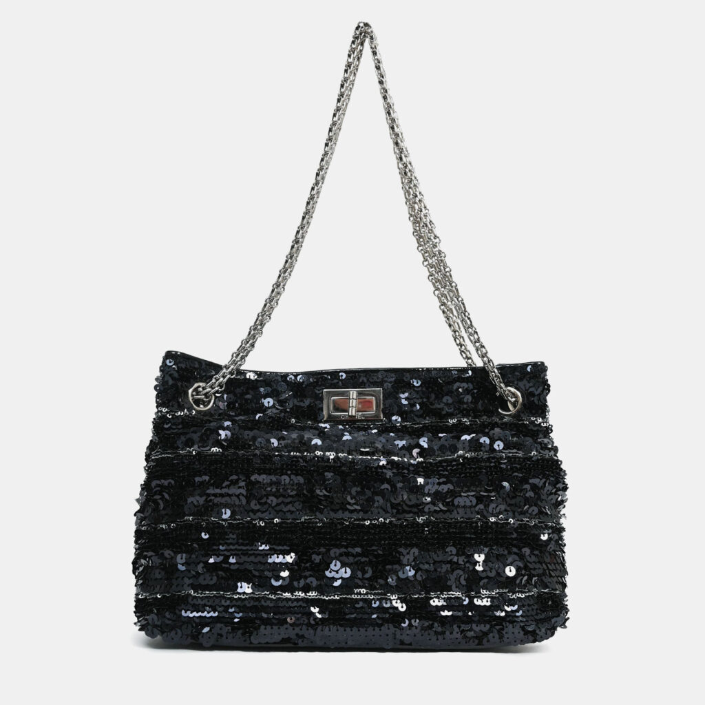 Chanel 2011 Black Striped Sequins and Patent Leather Small Reissue Shoulder Bag Chanel 2011 Black Striped Sequins and Patent Leather Small Reissue Shoulder Bag