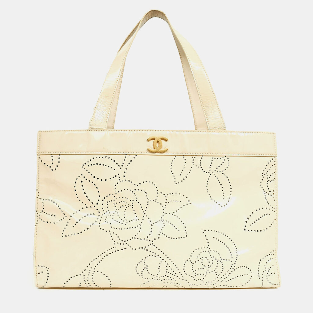 Chanel Cream Camellia Patent Perforated Tote Chanel Cream Camellia Patent Perforated Tote