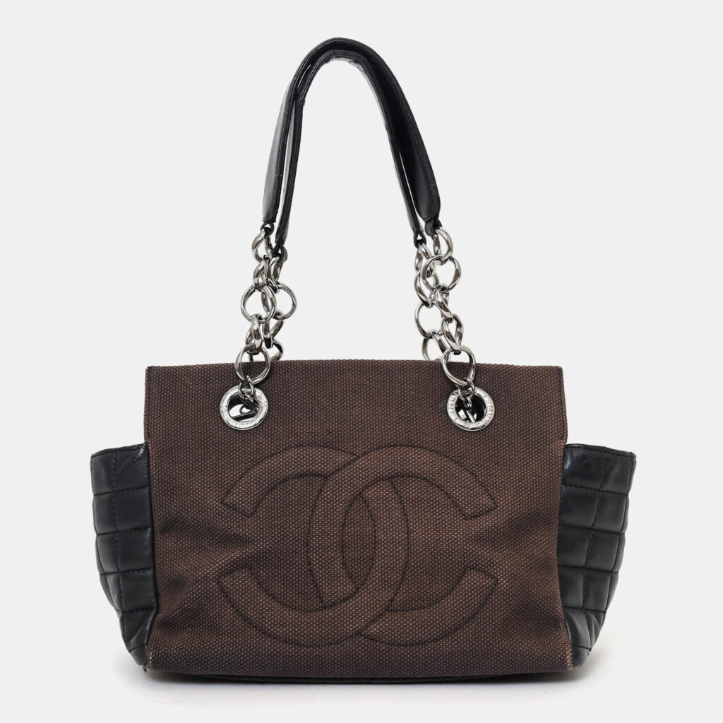 Chanel 2003-04 Brown/Black Leather/Canvas Coco Bar CC Tote Chanel 2003-04 Brown/Black Leather/Canvas Coco Bar CC Tote