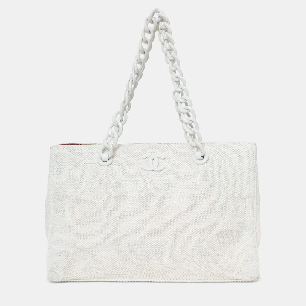 Chanel 2000-02 White Raffia Chain Beach Tote With Pouches Chanel 2000-02 White Raffia Chain Beach Tote With Pouches