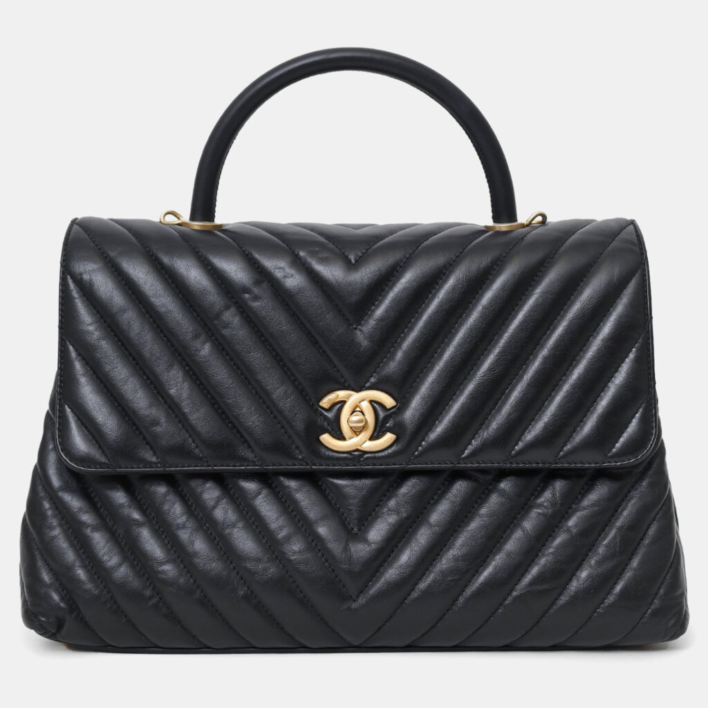Chanel Black Leather Chevron Coco Top Handle With Strap