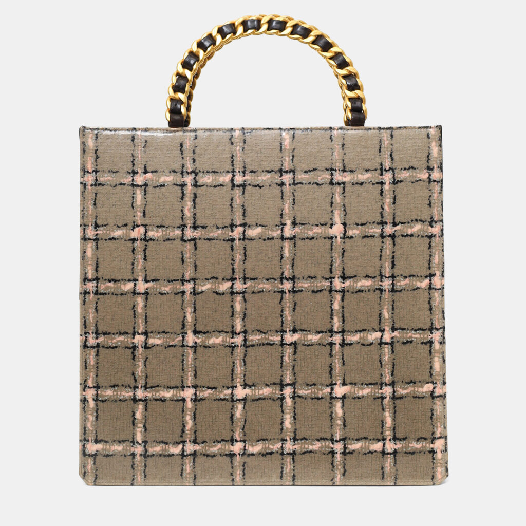 Chanel Grey/Pink Plaid Chain Top Handle Bag
