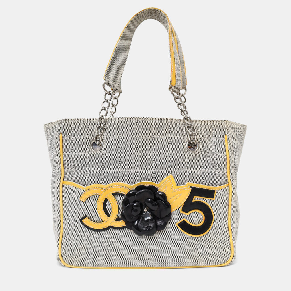 Chanel 2005-06 Yellow/Grey CC Camellia No. 5 Choco Bar Canvas Tote Chanel 2005-06 Yellow/Grey CC Camellia No. 5 Choco Bar Canvas Tote