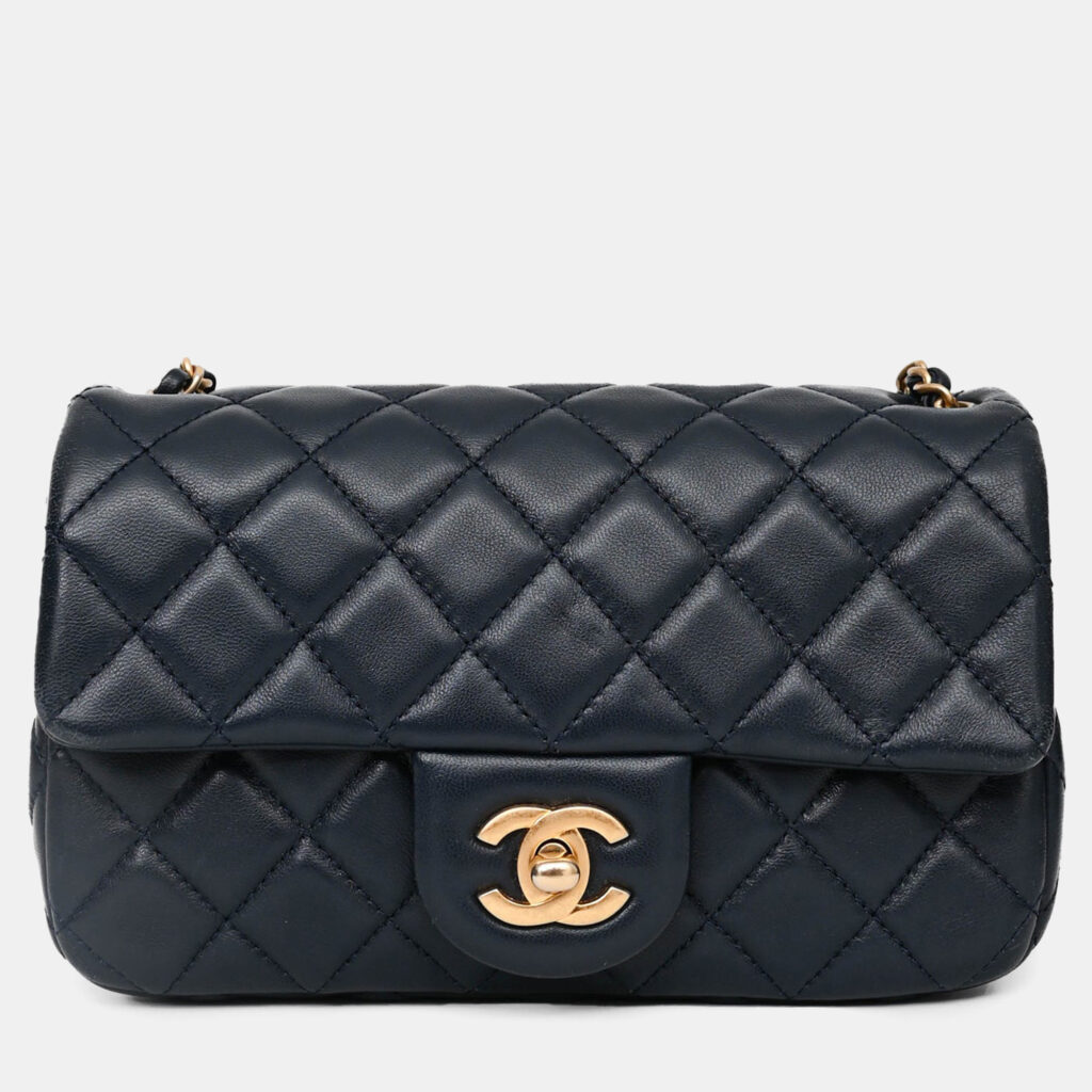 Chanel 2019-20 Navy Lambskin Leather Mini Rectangular Pearl Crush Flap Bag Chanel 2019-20 Navy Lambskin Leather Mini Rectangular Pearl Crush Flap Bag