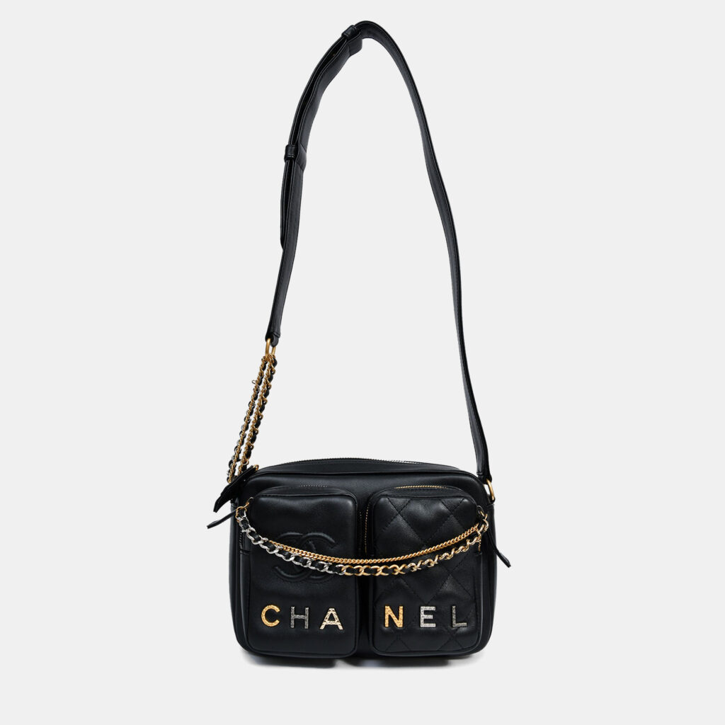 Chanel 2022 Black Leather Chain Detail Camera Bag Chanel 2022 Black Leather Chain Detail Camera Bag