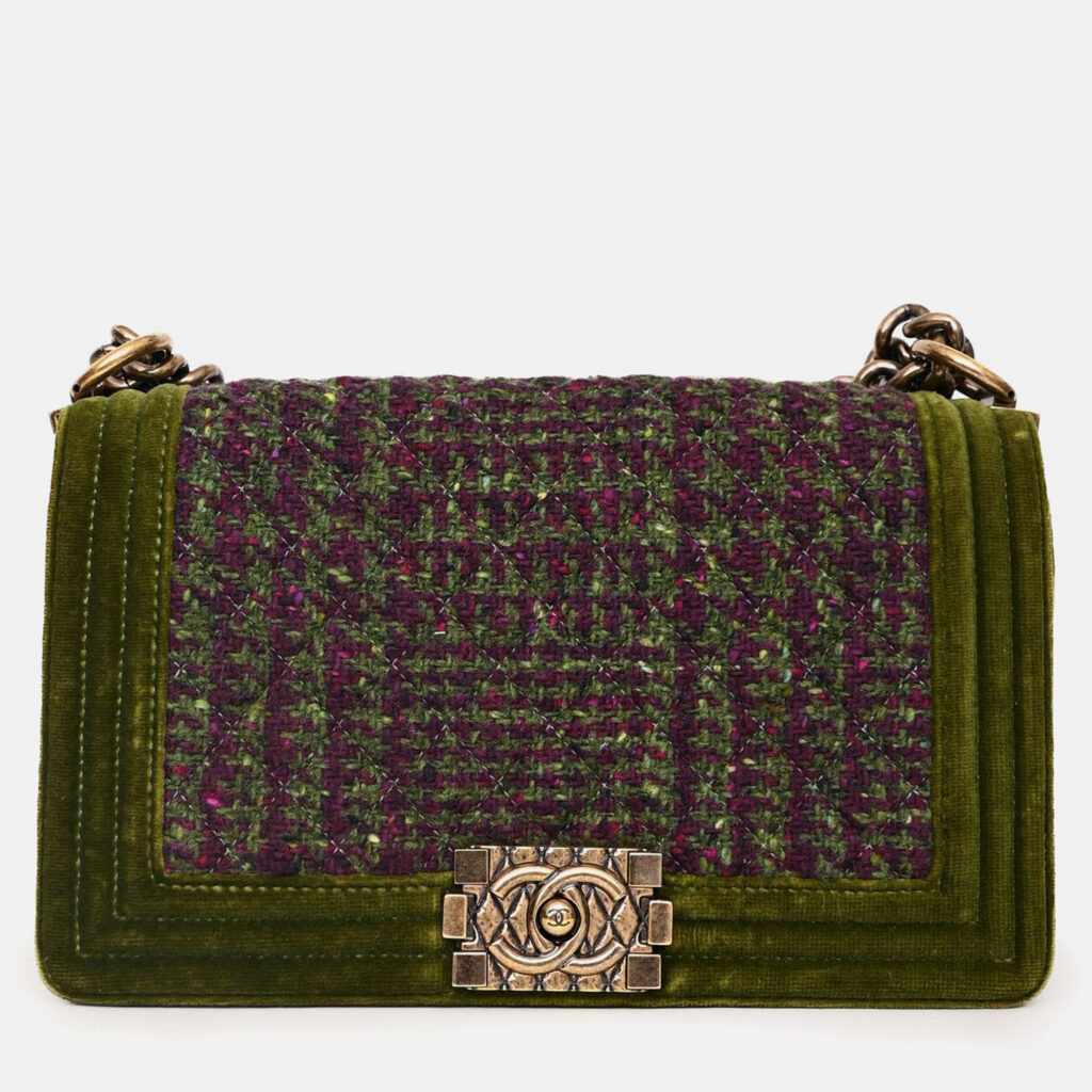 Chanel 2013/2014 Green/Purple Velvet Tweed Old Medium Boy Bag Chanel 2013/2014 Green/Purple Velvet Tweed Old Medium Boy Bag