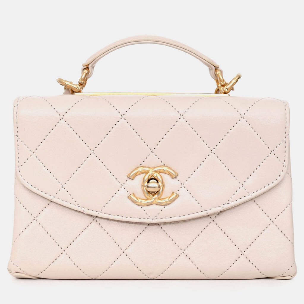 Chanel 2020 Beige Lambskin Mini Top Handle Bag with Quilted Gold Hardware Chanel 2020 Beige Lambskin Mini Top Handle Bag with Quilted Gold Hardware