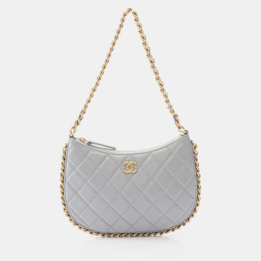luxury-women-chanel-used-handbags-p1248373-005.jpg Chanel CC Chain Around Grey Leather Hobo Bag