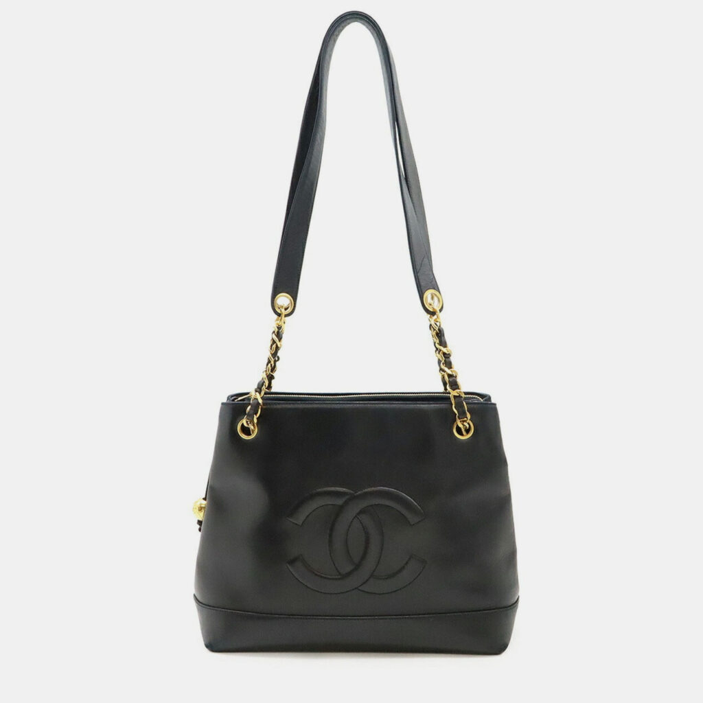 Chanel Coco Mark Ball Chain Tote Bag Large Shoulder Lambskin Leather Black
