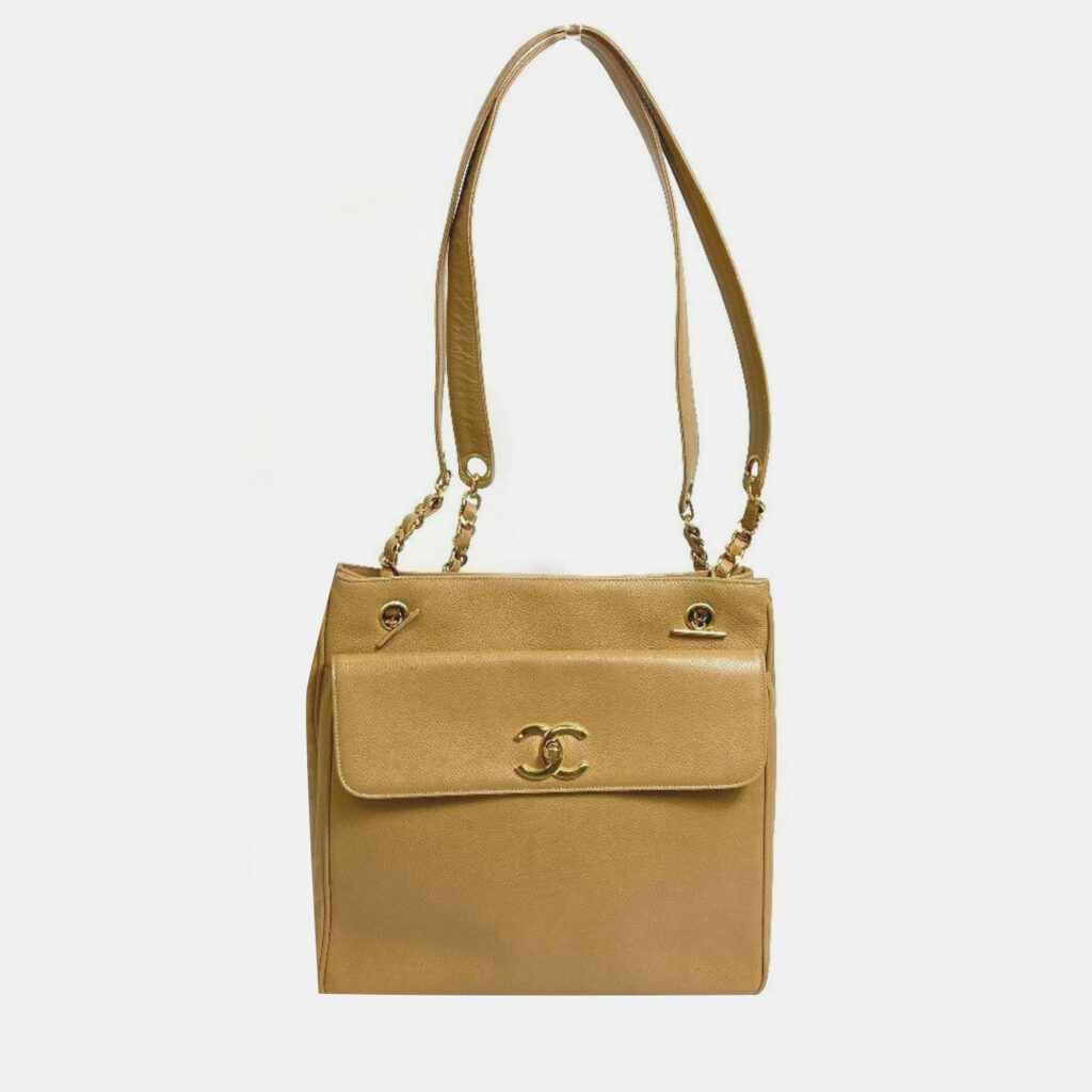 Chanel Cc Coco Mark Chain Tote Bag Shoulder Caviar Skin Beige
