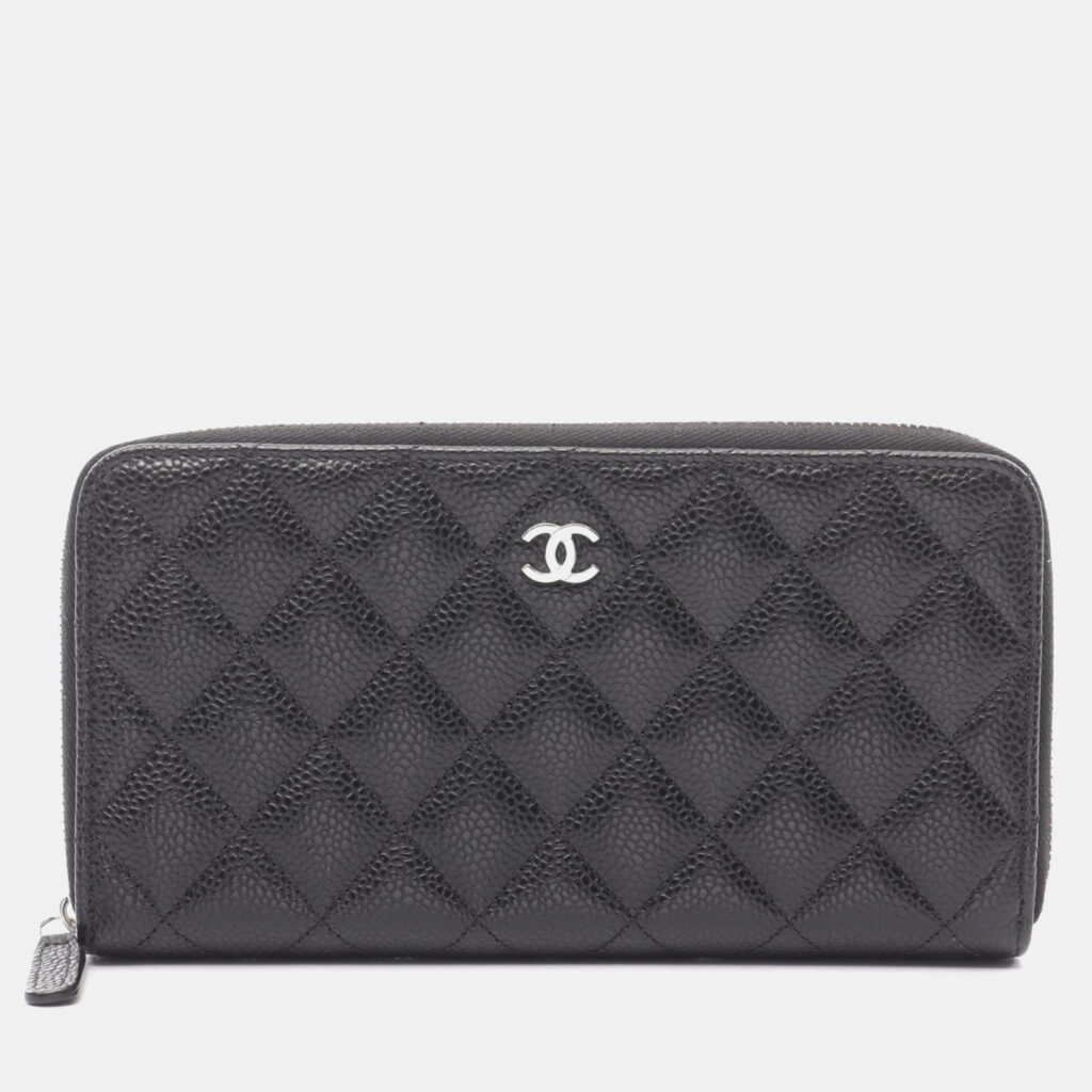 Chanel Classic Long Zip Wallet Matelasse Round Grained Calfskin Leather Black