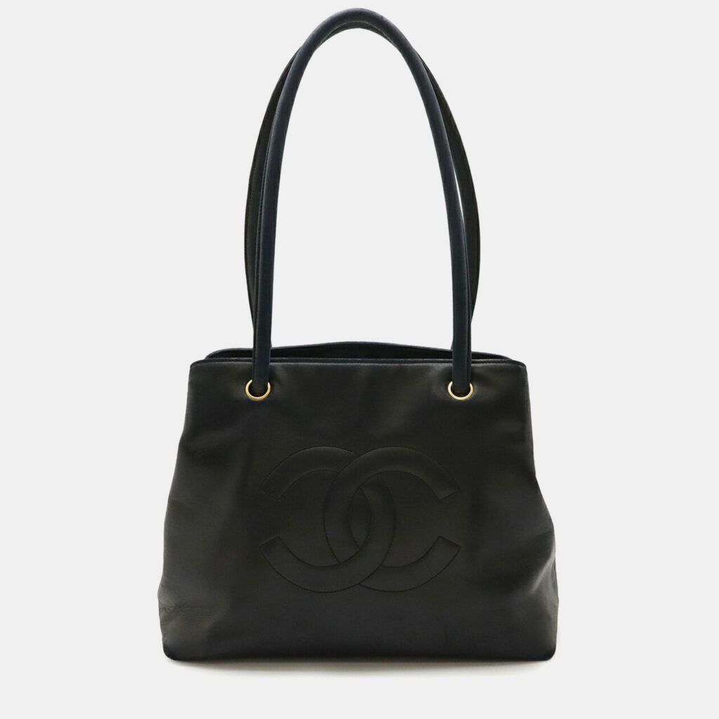 luxury-women-chanel-used-handbags-p1248634-005.jpg Chanel Coco Mark Tote Bag Shoulder Lambskin Leather Black