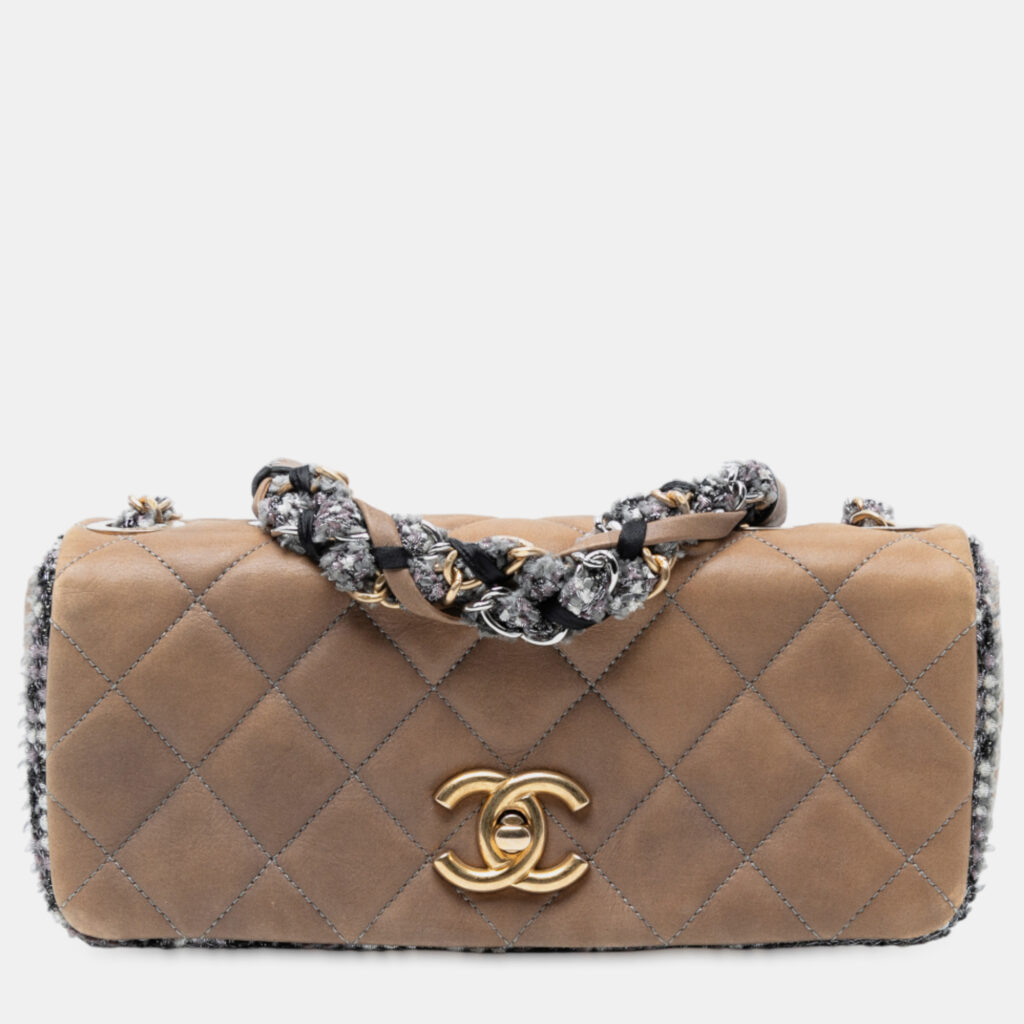 Chanel Brown Small Quilted Lambskin and Tweed Chain Flap Chanel Brown Small Quilted Lambskin and Tweed Chain Flap