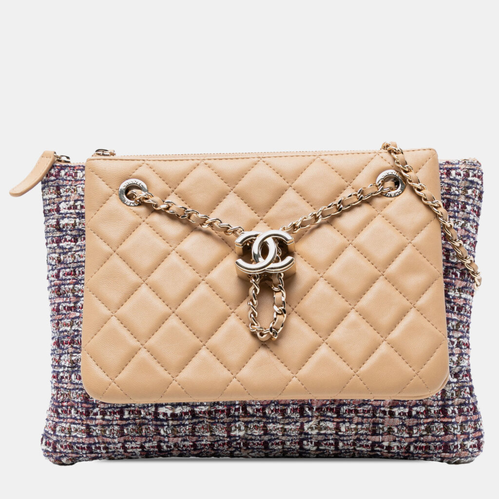 Chanel Brown Quilted Lambskin and Tweed Double Case with Chain Chanel Brown Quilted Lambskin and Tweed Double Case with Chain