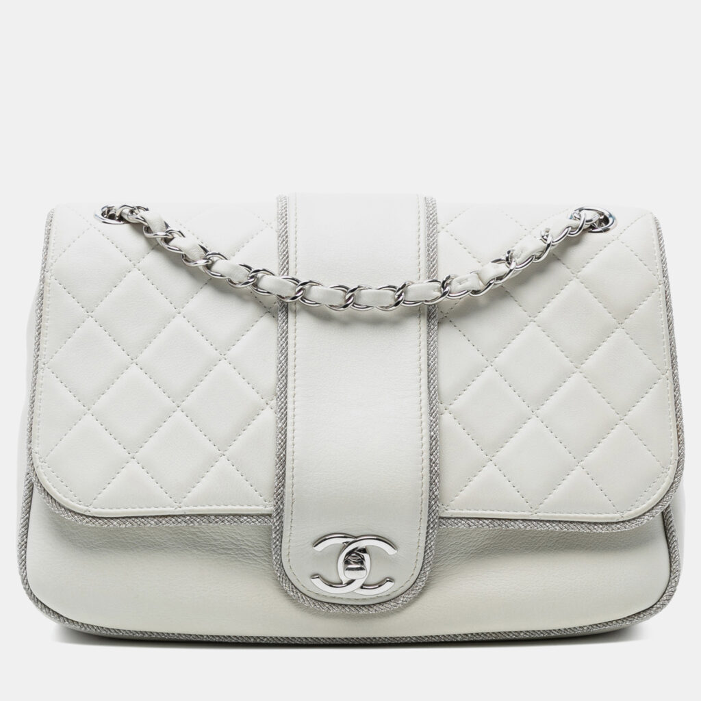 Chanel White Quilted Lambskin and Metallic Trim Elementary Chic Flap Chanel White Quilted Lambskin and Metallic Trim Elementary Chic Flap