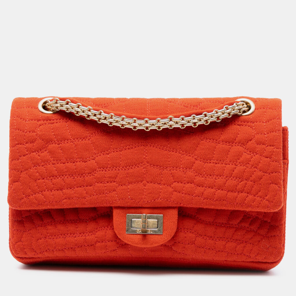 luxury-women-chanel-used-handbags-p1249609-003-1.jpg Chanel Orange Reissue 2.55 Quilted Jersey Coco Croc Double Flap 225
