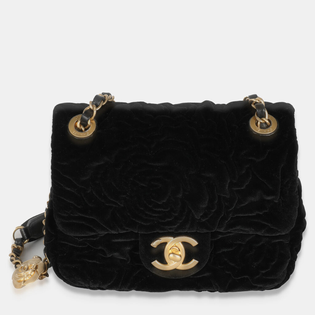 Chanel Black Camellia Embossed Velvet Mini Square Flap Bag Chanel Black Camellia Embossed Velvet Mini Square Flap Bag