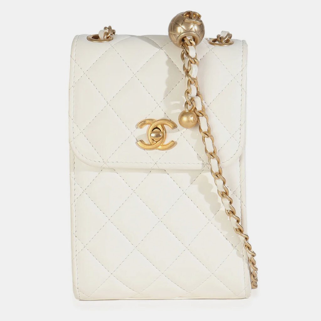 luxury-women-chanel-used-handbags-p1249762-008.jpg Chanel White Quilted Lambskin Pearl Crush Phone Holder With Chain