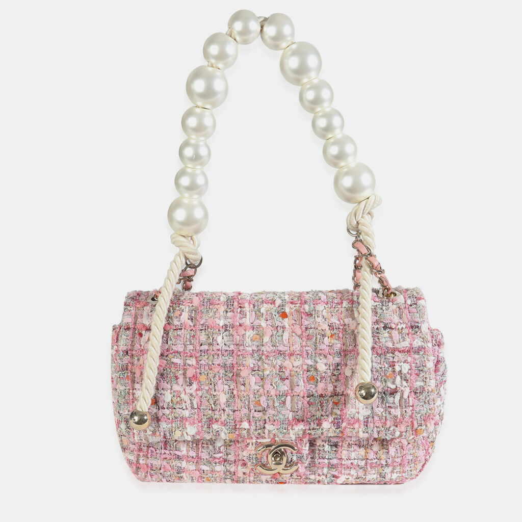 Chanel Pink Beige Orange Ecru Tweed Medium Pearl Handle Flap Bag Chanel Pink Beige Orange Ecru Tweed Medium Pearl Handle Flap Bag