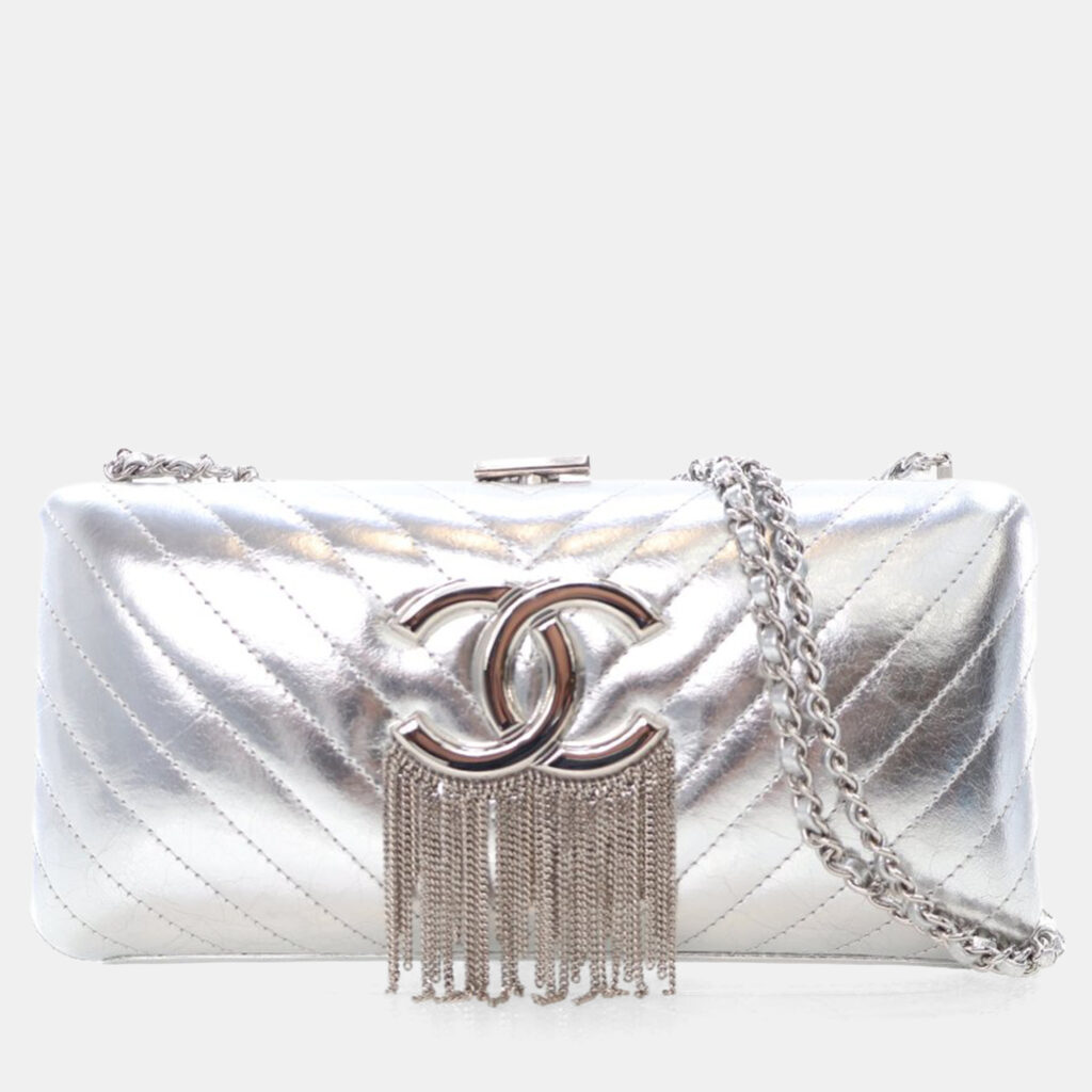 Chanel Silver Lambskin Chevron Fringe Clutch on Chain Chanel Silver Lambskin Chevron Fringe Clutch on Chain