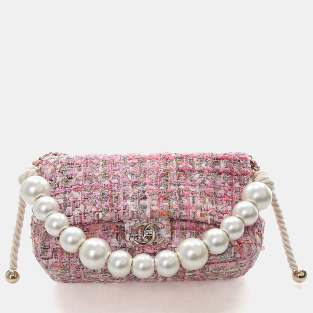 Chanel Medium Pink Tweed Pearl Handle Flap Chanel Medium Pink Tweed Pearl Handle Flap