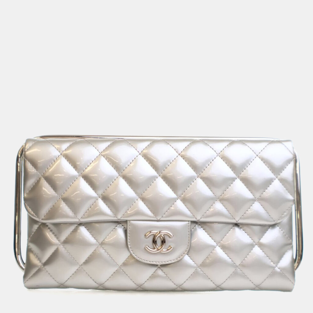 Chanel Metallic Silver Patent Metal Handle Clutch Chanel Metallic Silver Patent Metal Handle Clutch