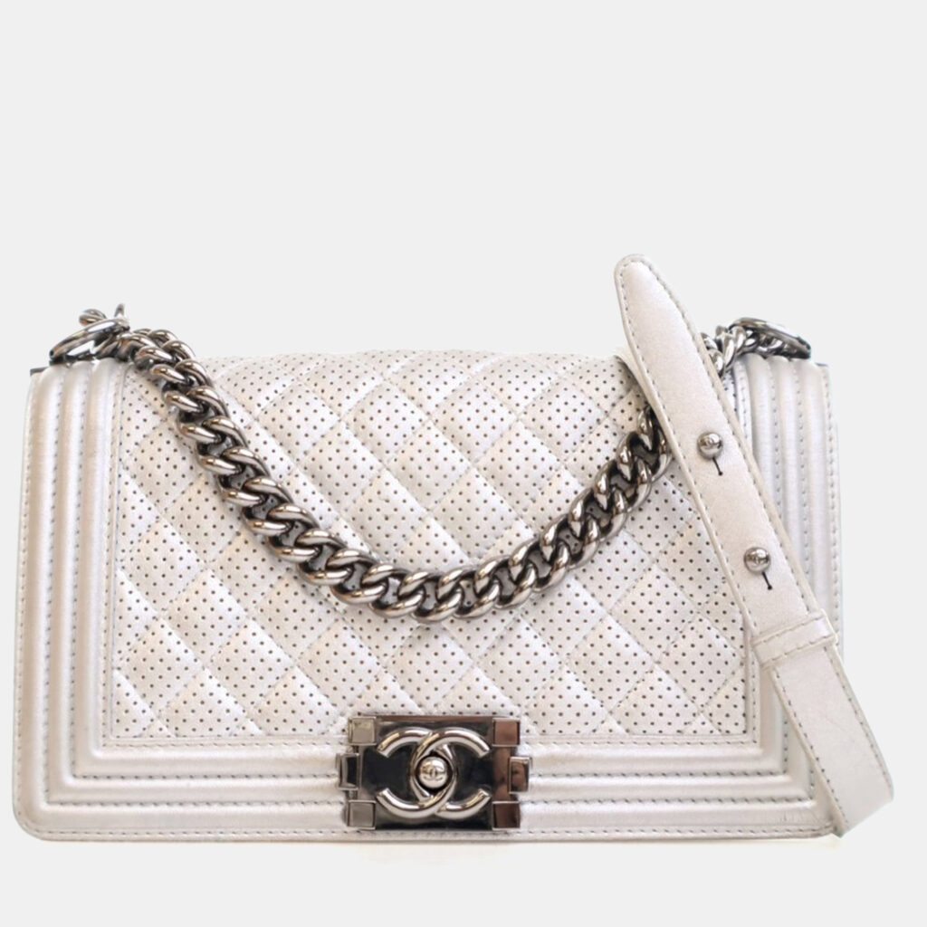 Chanel Medium Silver Lambskin Perforated Boy Bag Chanel Medium Silver Lambskin Perforated Boy Bag