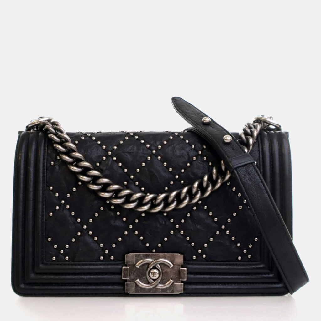 Chanel Medium Black Crumpled Calfskin Studded Boy Bag