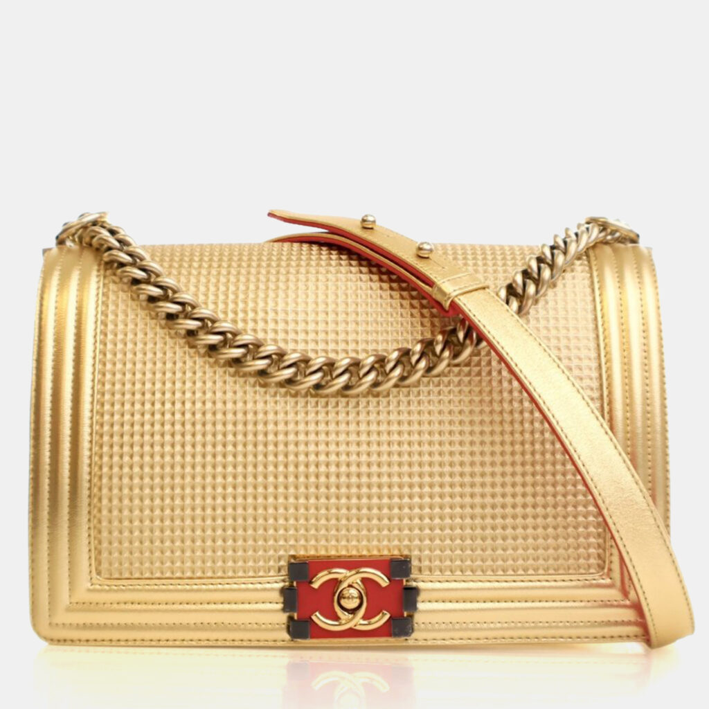 Chanel Medium Gold Lambskin Embossed Cube Boy Bag