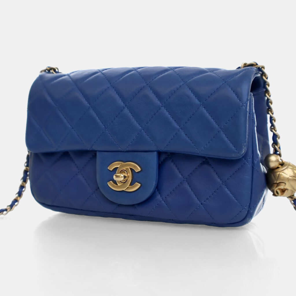 Chanel Mini Blue Lambskin Pearl Crush Rectangular Flap Bag