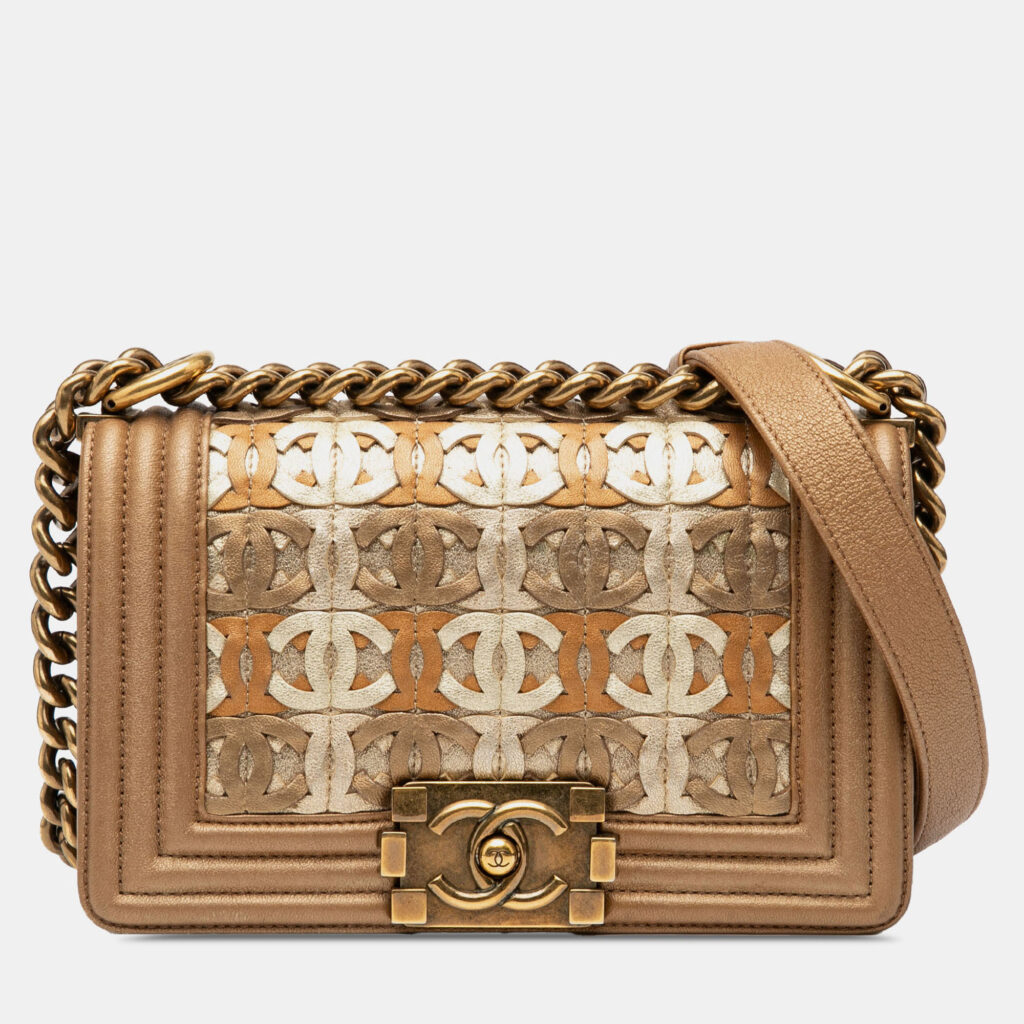 Chanel Brown Small Quilted Metallic Lambskin Interwoven CC Boy Flap Chanel Brown Small Quilted Metallic Lambskin Interwoven CC Boy Flap