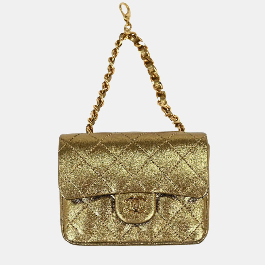 Chanel Metallic Gold Lambskin Classic Flap Micro Bag Pouch Chanel Metallic Gold Lambskin Classic Flap Micro Bag Pouch