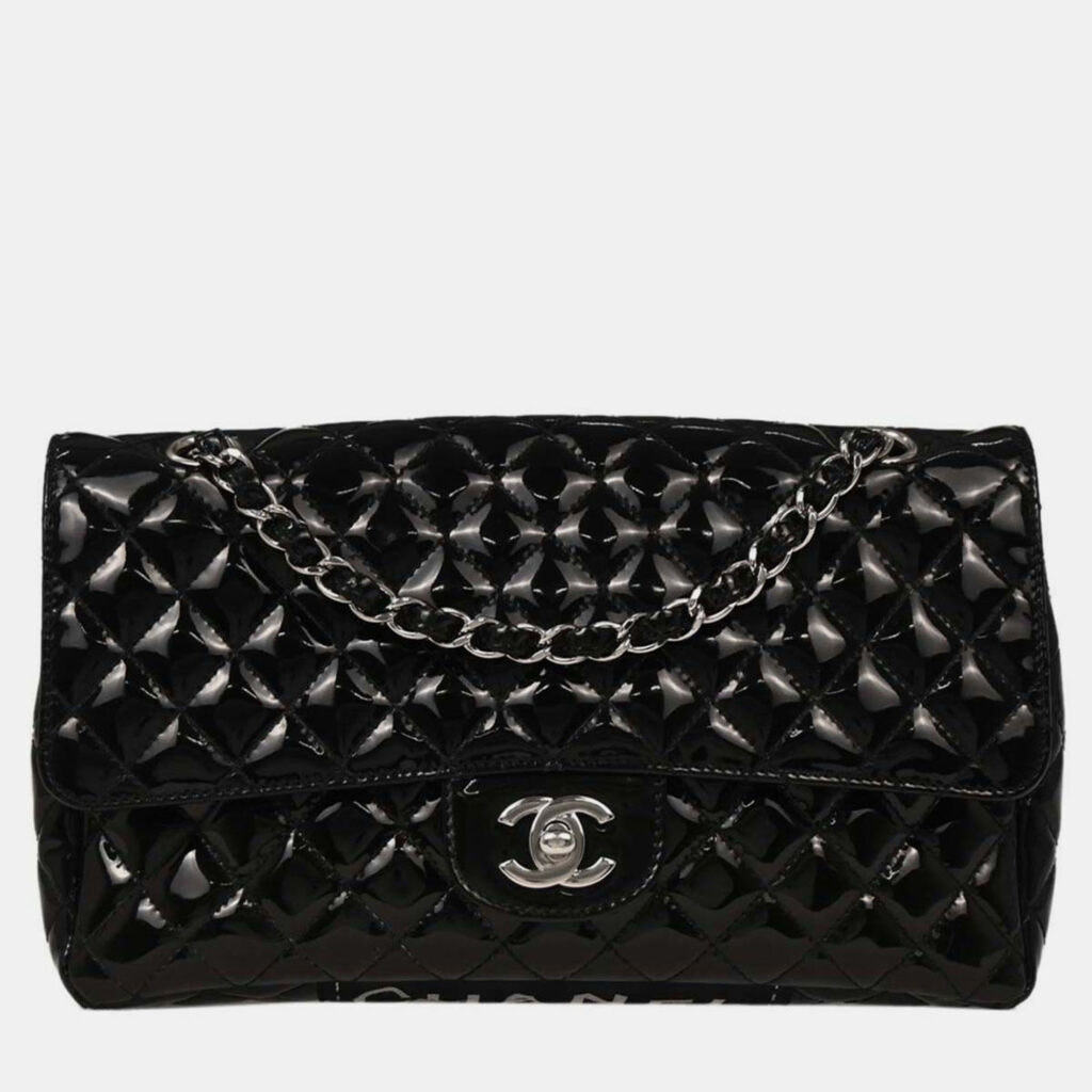 Chanel Black Patent Leather Secret Label Single Flap Shoulder Bag Chanel Black Patent Leather Secret Label Single Flap Shoulder Bag
