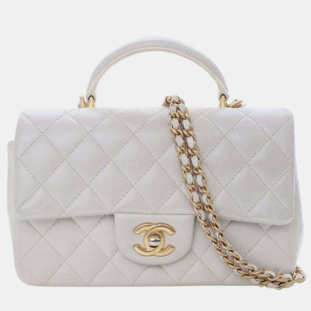 Chanel White Mini Rectangular Lambskin Top Handle Flap