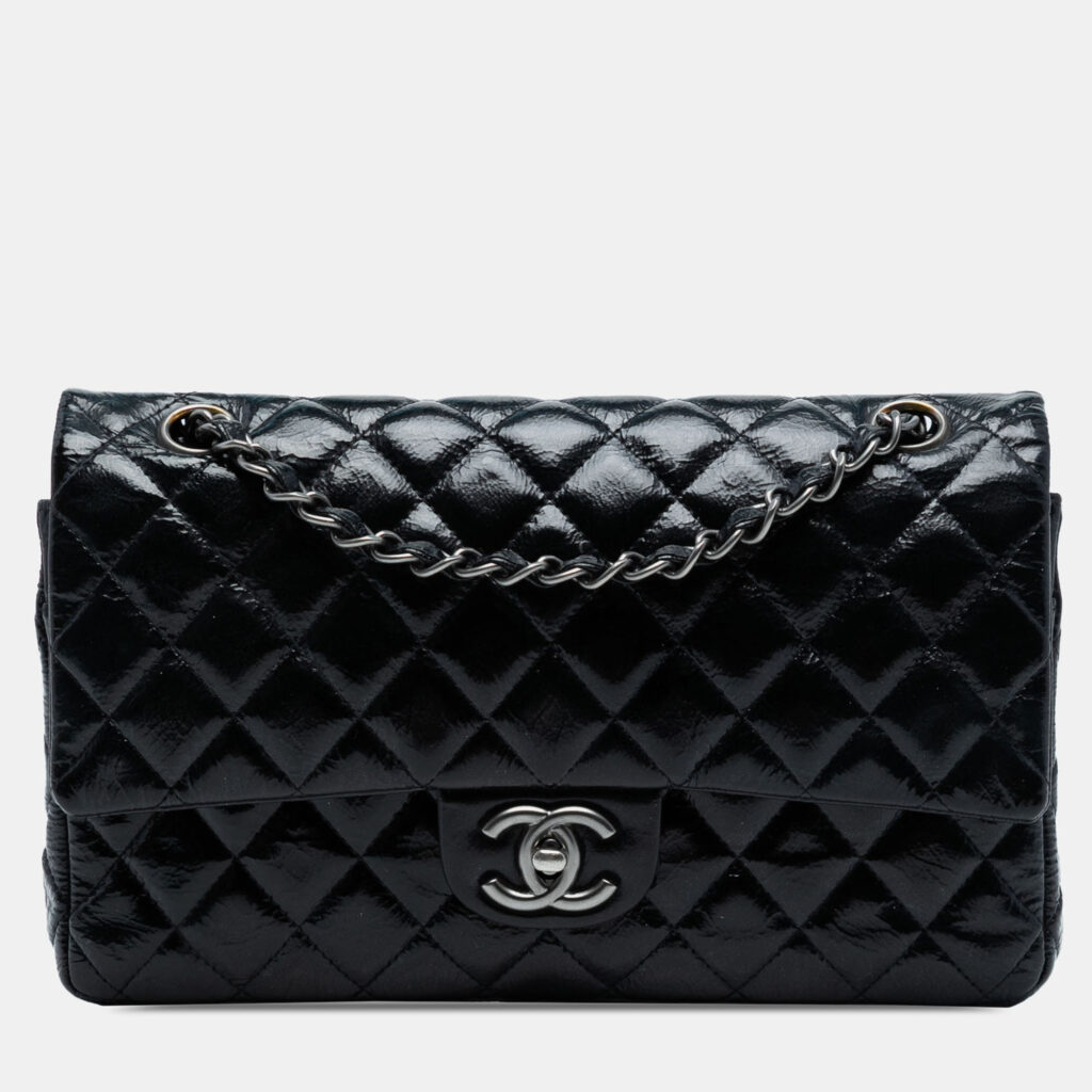 Chanel Blue Medium Classic Crinkled Patent Double Flap Chanel Blue Medium Classic Crinkled Patent Double Flap