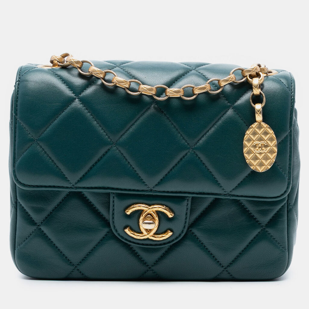 Chanel Green Mini Square Quilted Lambskin Bijoux Logo Chain Flap Chanel Green Mini Square Quilted Lambskin Bijoux Logo Chain Flap