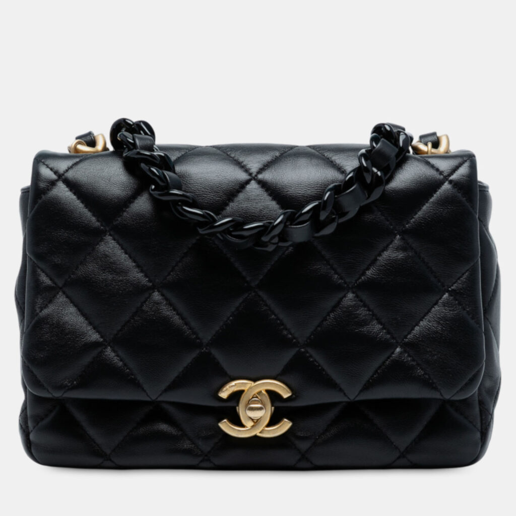 Chanel Black Mini Quilted Lambskin Lacquered Chain Flap Chanel Black Mini Quilted Lambskin Lacquered Chain Flap