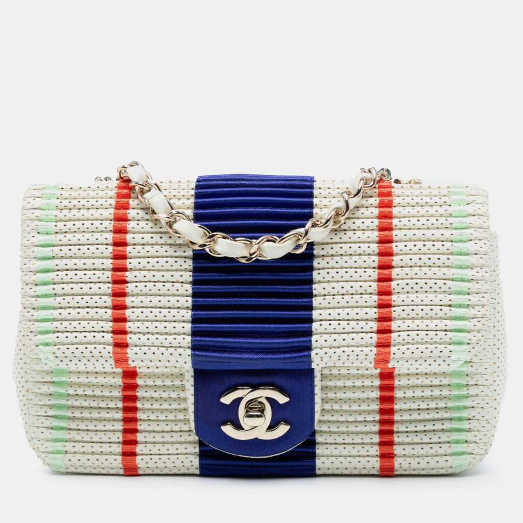 Chanel Blue White Mini Rectangular Classic Pleated Perforated Lambskin Single Flap Chanel Blue White Mini Rectangular Classic Pleated Perforated Lambskin Single Flap