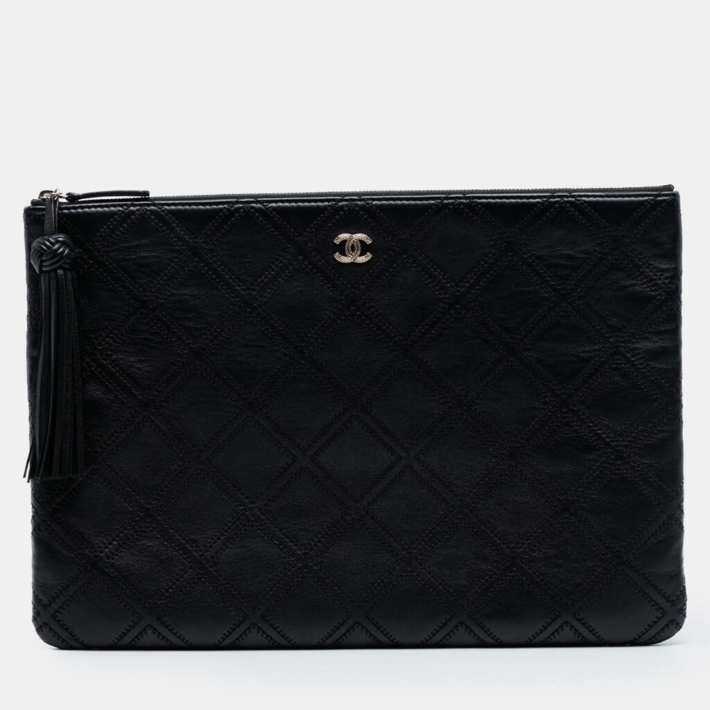 Chanel Black Large Quilted Lambskin Double Stitch Tassel O Case Clutch Chanel Black Large Quilted Lambskin Double Stitch Tassel O Case Clutch