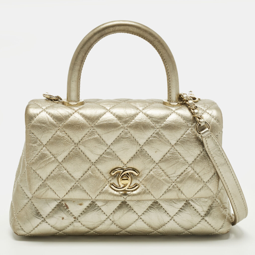 Chanel Coco Handle Mini Gold Quilted Aged Leather Top Handle Bag Chanel Coco Handle Mini Gold Quilted Aged Leather Top Handle Bag