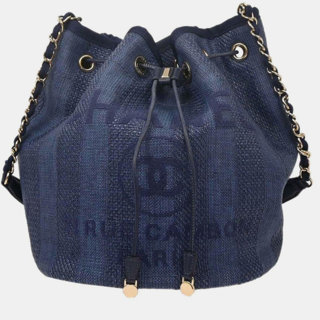 Chanel Navy Straw Deauville Bucket Shoulder Bag Chanel Navy Straw Deauville Bucket Shoulder Bag