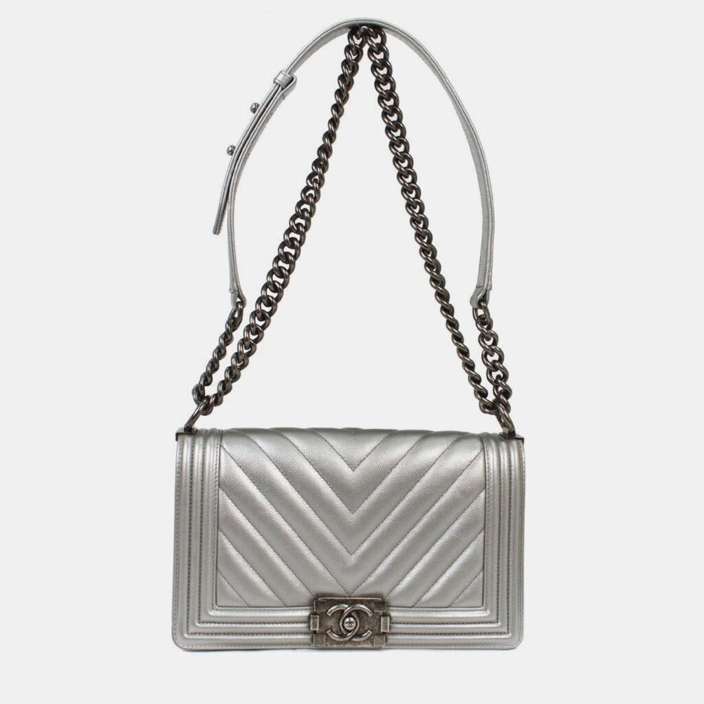 Boy Chanel Silver Calfskin Chevron Medium Shoulder Bag Boy Chanel Silver Calfskin Chevron Medium Shoulder Bag